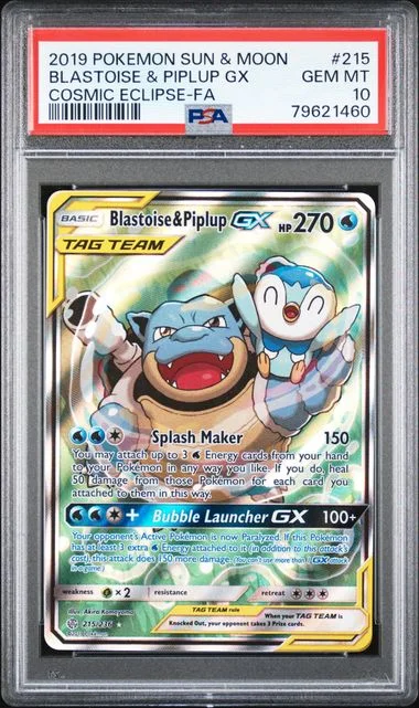 2019 Pokemon Sun & Moon Cosmic Eclipse Full Art/Blastoise & Piplup Gx #215 card image