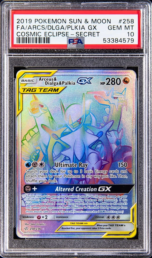 2019 Pokemon Sun & Moon Cosmic Eclipse Secret Full Art Arceus/Dialga/Palkia GX #258 card image