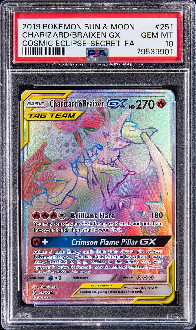 2019 Pokemon Sun & Moon Cosmic Eclipse Secret Full Art Charizard & Braxien GX #251 card image