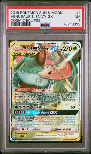 2019 Pokemon Sun & Moon Cosmic Eclipse Venusaur & Snivy Gx #1 card image