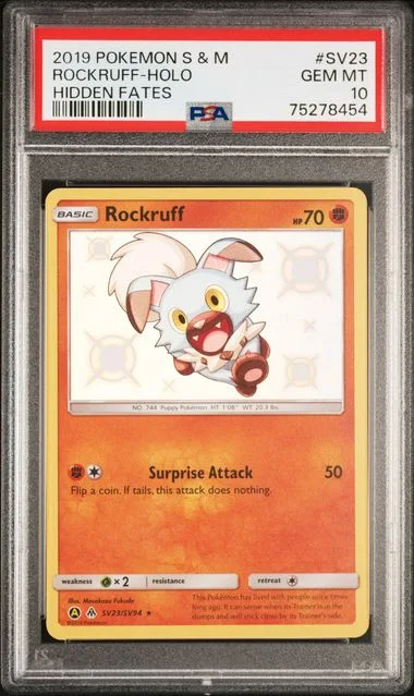 2019 Pokemon Sun & Moon Hidden Fates Holofoil Rockruff #SV23 card image