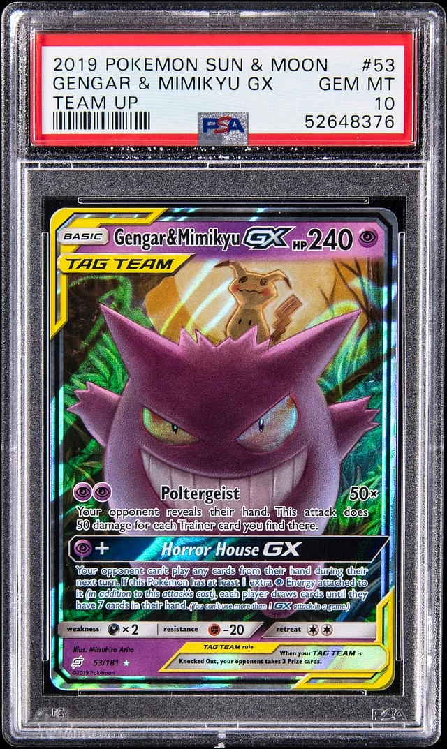 2019 Pokemon Sun & Moon Team Up Gengar & Mimikyu GX #53 card image