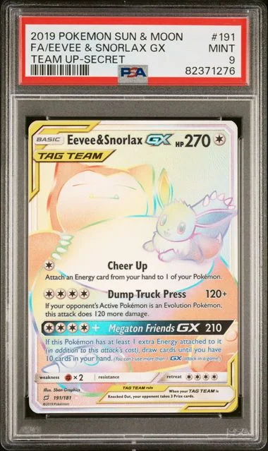 2019 Pokemon Sun & Moon Team Up Secret Full Art/Eevee & Snorlax Gx #191 card image