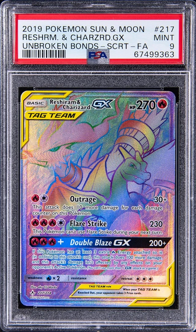 2019 Pokemon Sun & Moon Unbroken Bonds Full Art Secret Rare Holofoil Reshiram & Charizard #217 card image