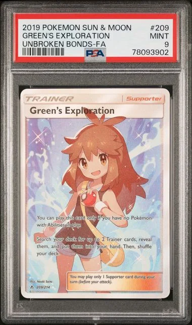 2019 Pokemon Sun & Moon Unbroken Bonds Full Art/Green's Exploration #209 card image