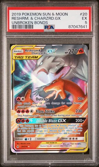 2019 Pokemon Sun & Moon Unbroken Bonds Reshiram & Charizard Gx #20 card image