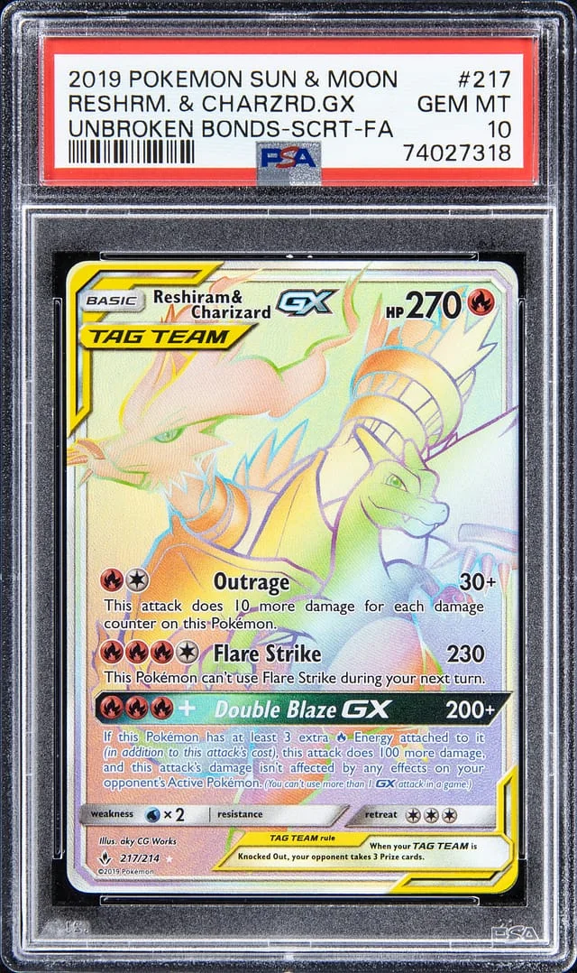 2019 Pokemon Sun & Moon Unbroken Bonds Secret Full Art Reshiram & Charizard GX #217 card image