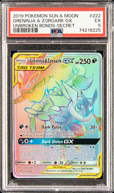 2019 Pokemon Sun & Moon Unbroken Bonds Secret Full Art/Greninja & Zoroark Gx #222 card image