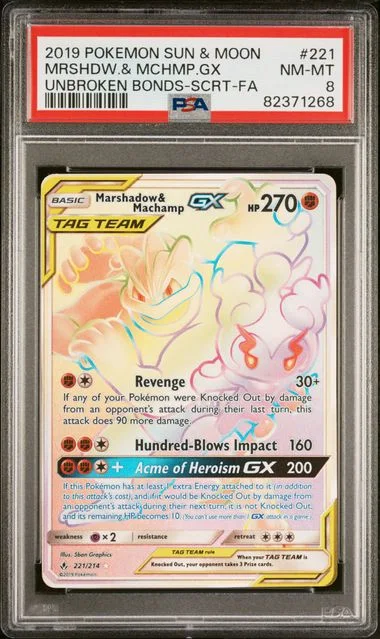 2019 Pokemon Sun & Moon Unbroken Bonds Secret Full Art/Marshadow & Machamp Gx #221 card image