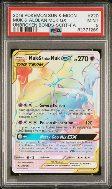 2019 Pokemon Sun & Moon Unbroken Bonds Secret Full Art/Muk & Alolan Muk Gx #220 card image