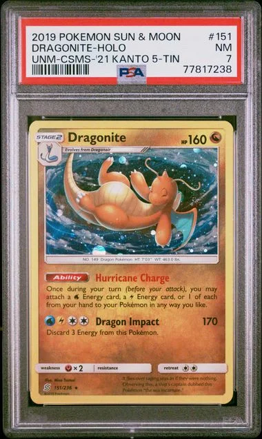 2019 Pokemon Sun & Moon Unified Minds Cosmos-2021 Kanto 5-Tin Exclusive Dragonite-Holo #151 card image