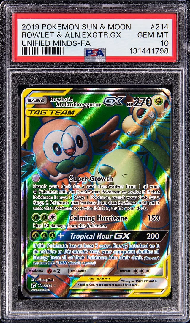 2019 Pokemon Sun & Moon Unified Minds Full Art Rowlet & Alolan Exeggutor GX #214 card image