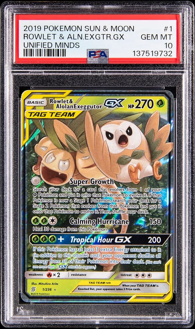 2019 Pokemon Sun & Moon Unified Minds Rowlet & Alolan Exeggutor GX #1 card image