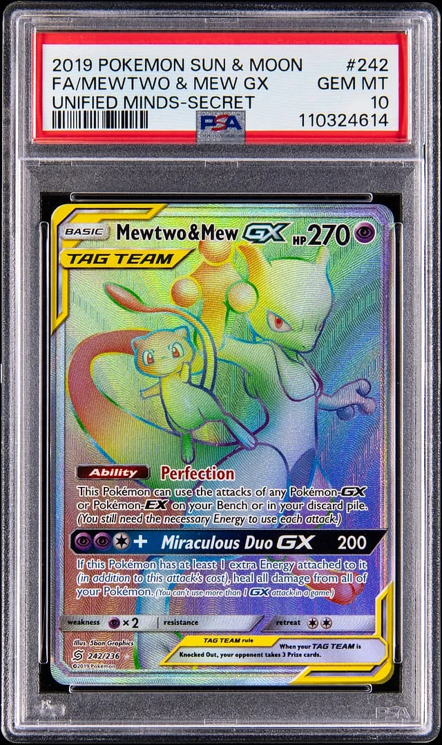2019 Pokemon Sun & Moon Unified Minds Secret Full Art Mewtwo & Mew GX #242 card image