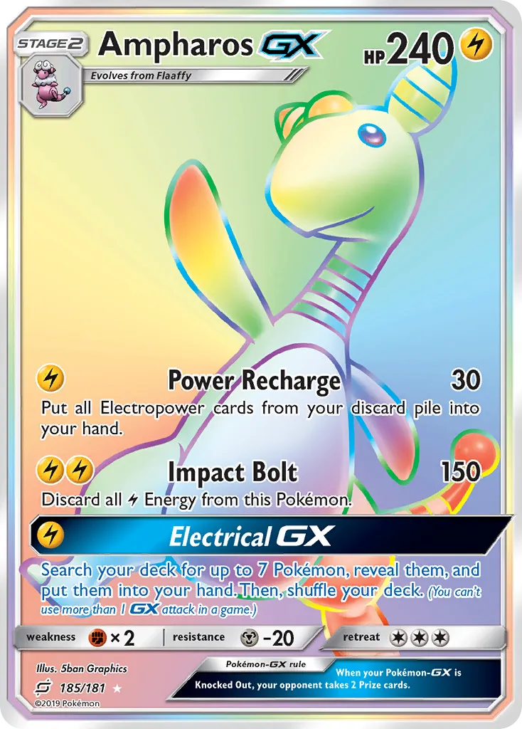 2019 Team Up Ampharos-GX #185/181 Rare Rainbow card image