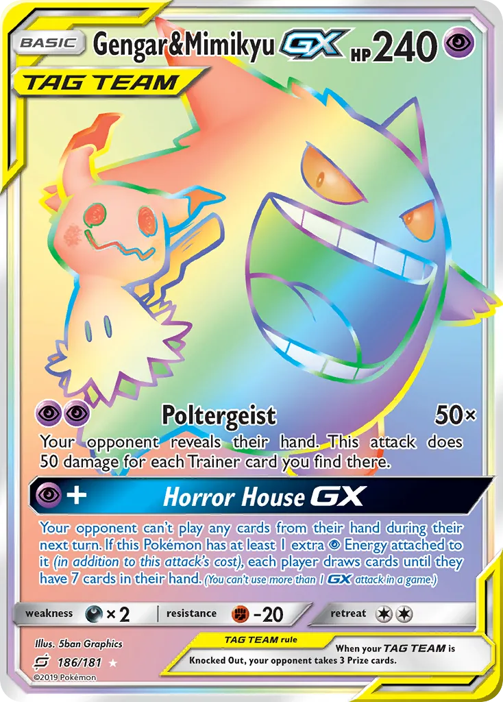2019 Team Up Gengar & Mimikyu-GX #186/181 Rare Rainbow card image