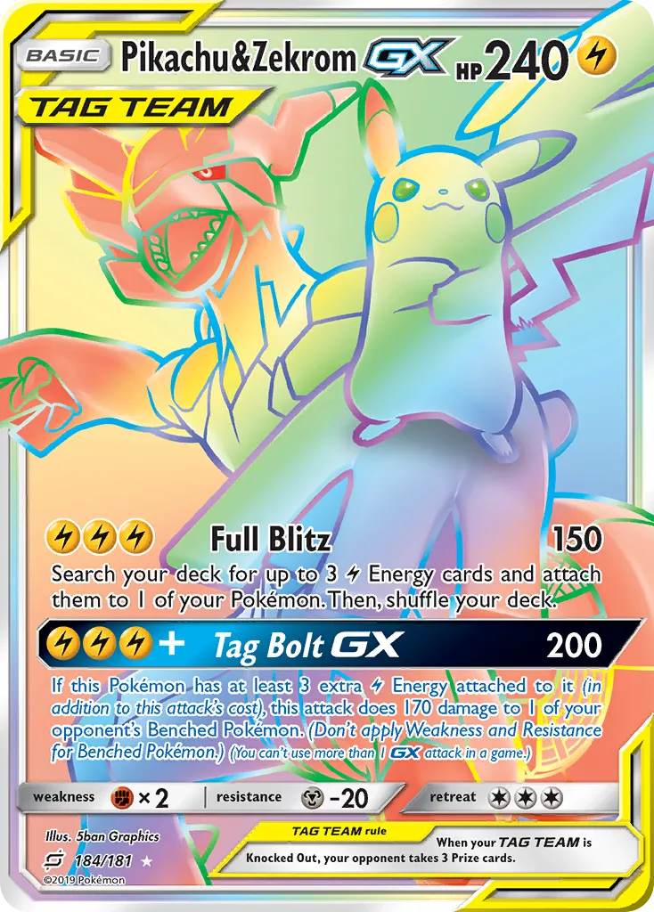 2019 Team Up Pikachu & Zekrom-GX #184/181 Rare Rainbow card image