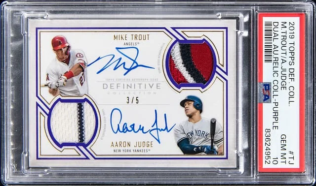 2019 Topps Aaron Judge/Mike Trout Definitive Collection Dual Autograph Relic Purple #DAR-TJ card image