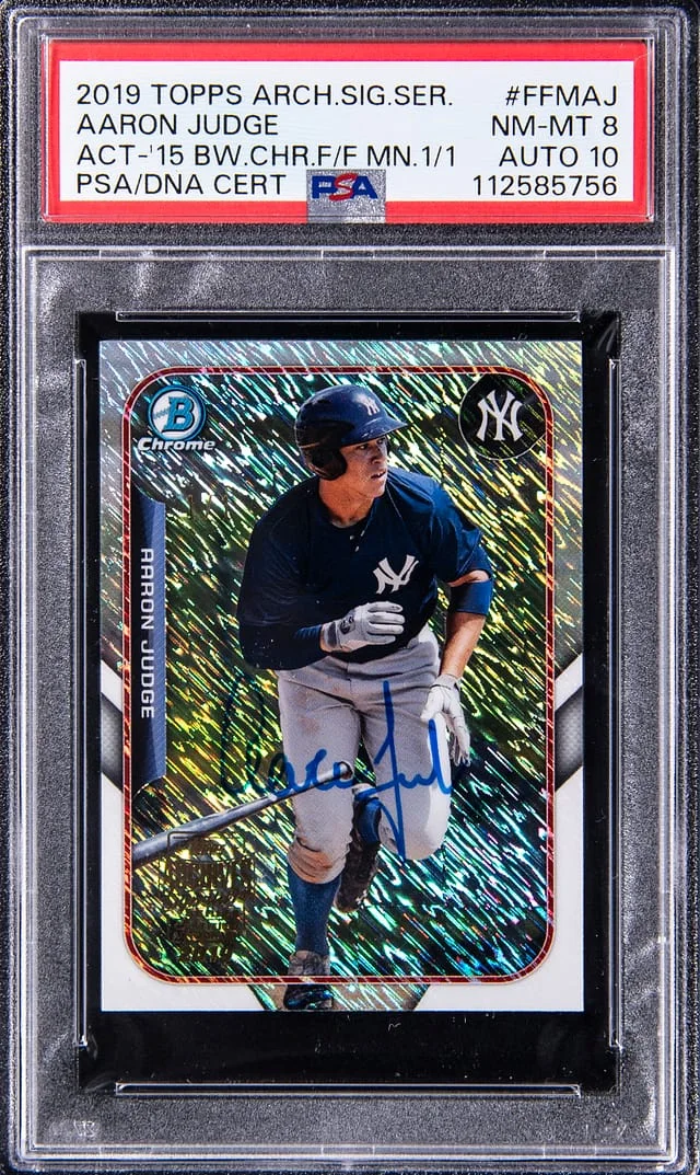 2019 Topps Archives Signature Series Aaron Judge 15 Bowman Chrome Farm's Finest Mini #FFM-AJ card image