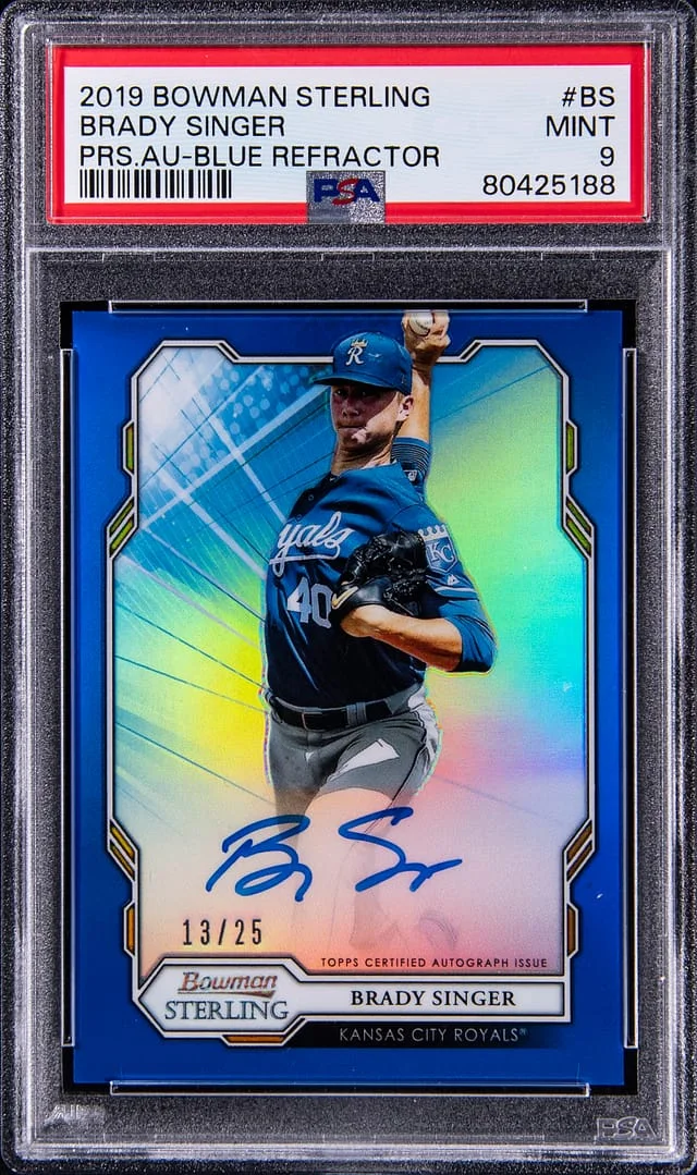 2019 Topps Brady Singer Bowman Sterling Prospects Autographs Blue Refractor #BSPA-BS card image