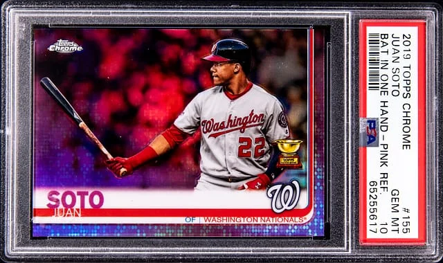 2019 Topps Chrome Juan Soto, Bat in One Hand Pink Refractor #155 card image
