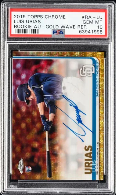 2019 Topps Chrome Luis Urias Autographs Gold Wave Refractor #RA-LU card image