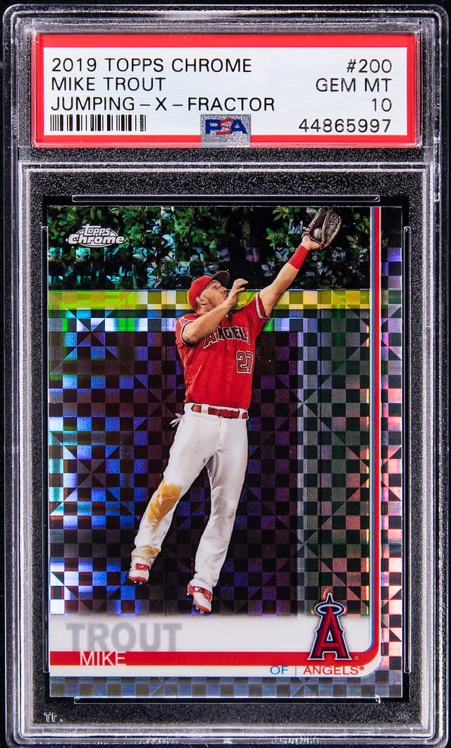2019 Topps Chrome Mike Trout, Jumping X-Fractor #200 card image