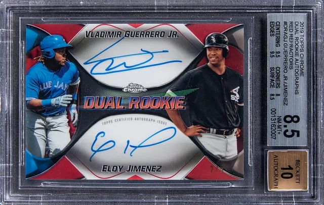 2019 Topps Chrome Vladimir Guerrero Jr, Eloy Jimenez Dual Dual Autograph Red Refractor #DRA-VJ card image