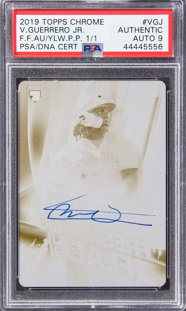 2019 Topps Chrome Vladimir Guerrero Jr. Freshman Flash Autograph Yellow Printing Plate #FFA-VGJ card image