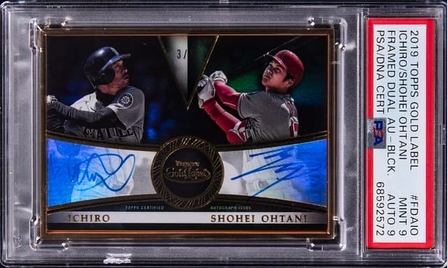 2019 Topps Gold Label Ichiro/Shohei Ohtani Framed Dual Autographs Black #FDA-IO card image