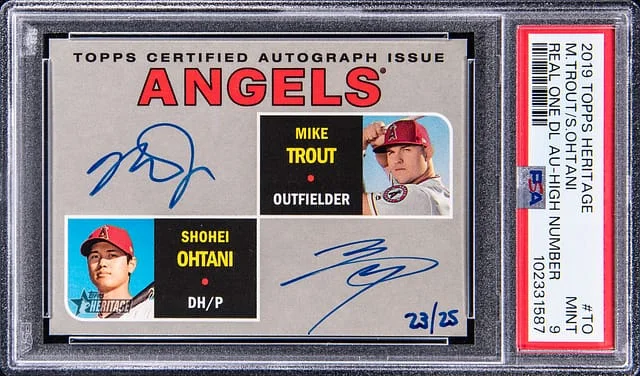 2019 Topps Heritage High Number Mike Trout/Shohei Ohtani Real One Dual Autographs #RODA-TO card image
