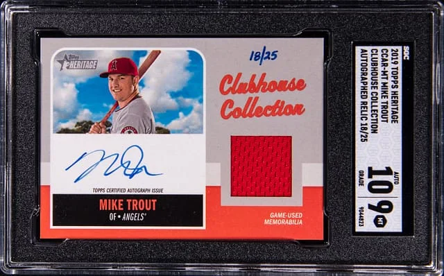 2019 Topps Heritage Mike Trout Clubhouse Collection Autograph Relic #CCARMT card image