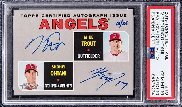 2019 Topps Heritage Real One Mike Trout/Shohei Ohtani Dual Autographs #TO card image