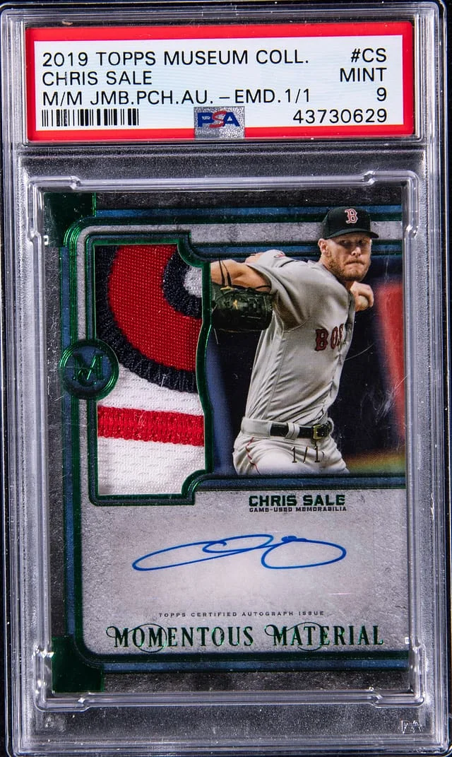 2019 Topps Museum Collection Chris Sale Momentous Material Jumbo Patch Autograph Emerald #CS card image