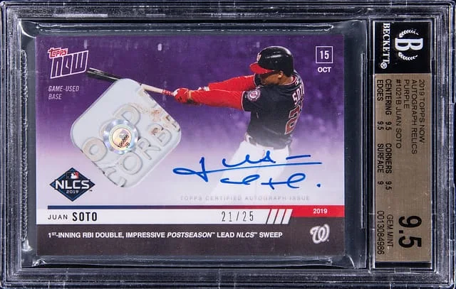 2019 Topps Now Juan Soto Autograph Relics Purple #1021B card image