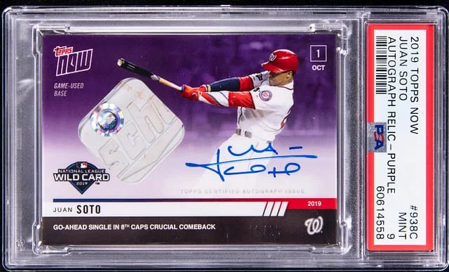 2019 Topps Now Juan Soto Autograph Relic Purple #938C card image