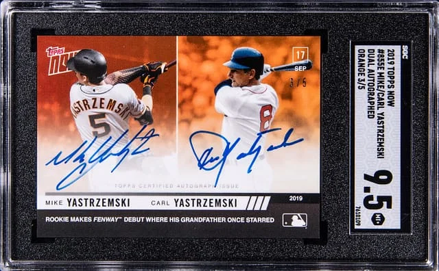 2019 Topps Now Mike Yastrzemski/Carl Yastrzemski Dual Autograph Orange #855E card image