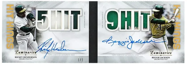 2019 Topps Rickey Henderson/Reggie Jackson Luminaries Hit Kings Dual Autograph Patch Booklet #HKD-HJ card image