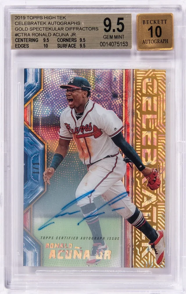 2019 Topps Ronald Acuna Jr High Tek Celebratek Autograph Gold Specteklar Diffractors #CTRA card image