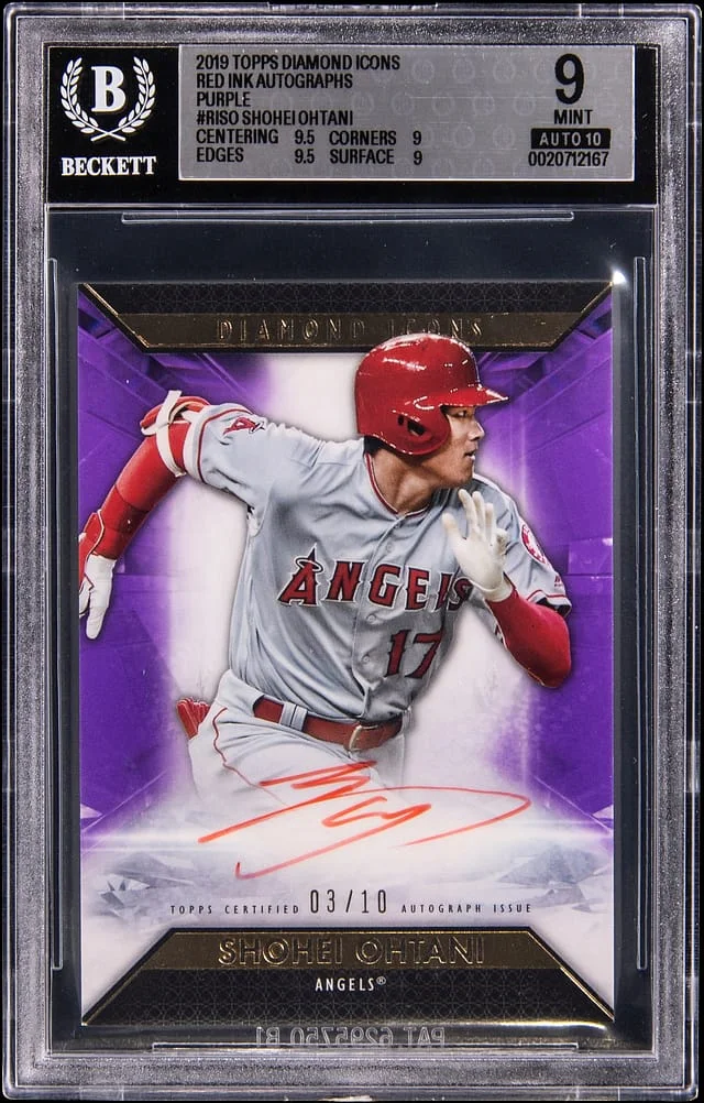 2019 Topps Shohei Ohtani Diamond Icons Red Ink Autographs Purple #RI-SO card image
