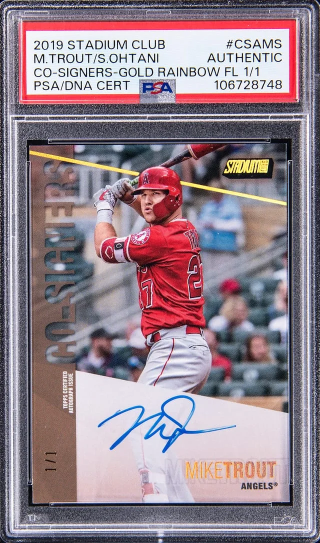 2019 Topps Stadium Club Shohei Ohtani/Mike Trout Co-Signers Gold Rainbow Foil #CSA-MS card image