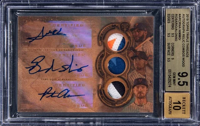 2019 Topps Triple Threads Amed Rosario/Brandon Nimmo/Pete Alonso Multi-Signed Autograph Relic Combos Wood #ARC-RNA card image