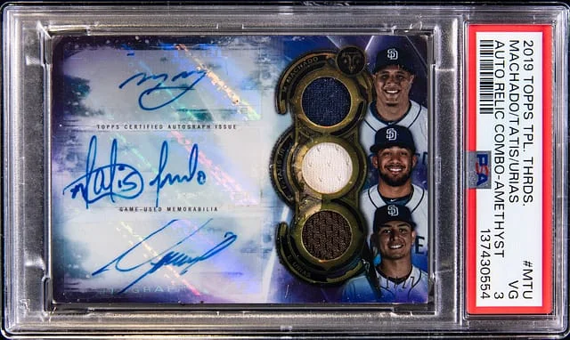 2019 Topps Triple Threads Manny Machado/Fernando Tatis Jr./Luis Urias Multi-Signed Autographs Relic Combos Amethyst #ARC-MTU card image
