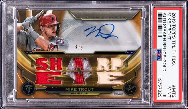 2019 Topps Triple Threads Mike Trout Autograph Relic Gold #TTAR-MT2 card image