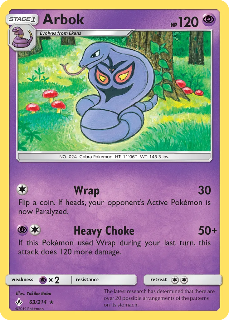 2019 Unbroken Bonds Arbok #063/214 Rare card image