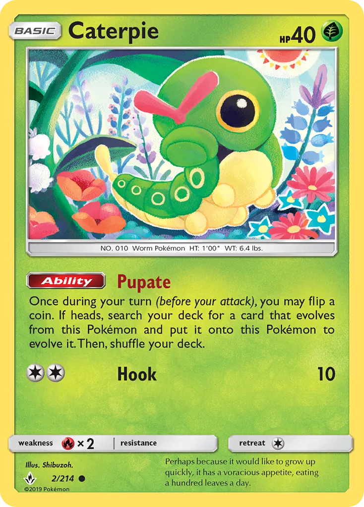 2019 Unbroken Bonds Caterpie Common #002/214 Common card image
