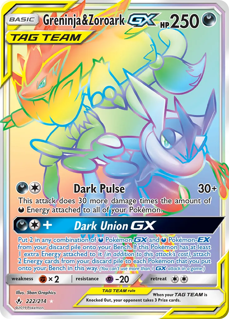2019 Unbroken Bonds Greninja & Zoroark-GX #107/214 Rare Holo GX card image