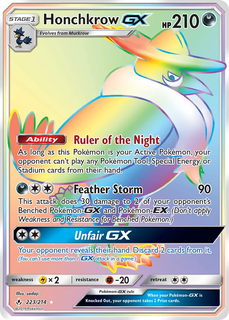 2019 Unbroken Bonds Honchkrow-GX #109/214 Rare Holo GX card image