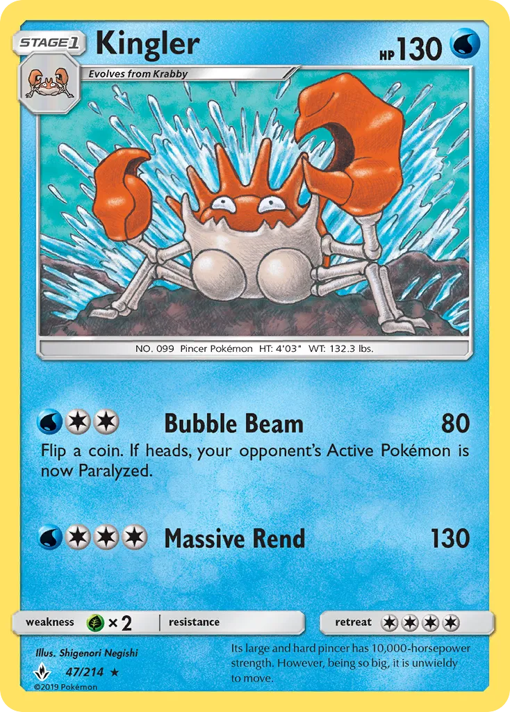 2019 Unbroken Bonds Kingler #047/214 Rare card image