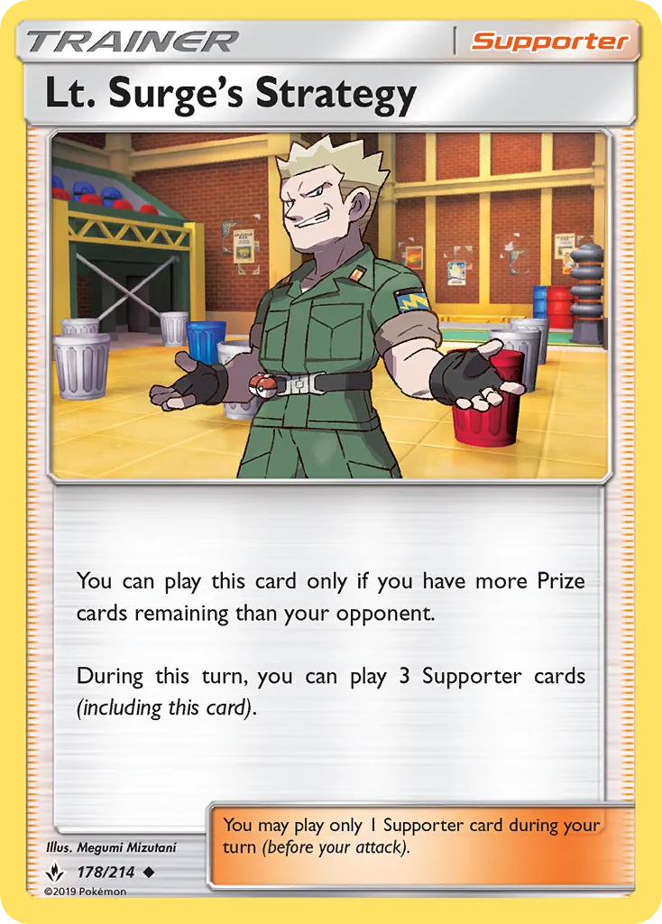 2019 Unbroken Bonds Lt. Surge's Strategy #178/214 Uncommon card image
